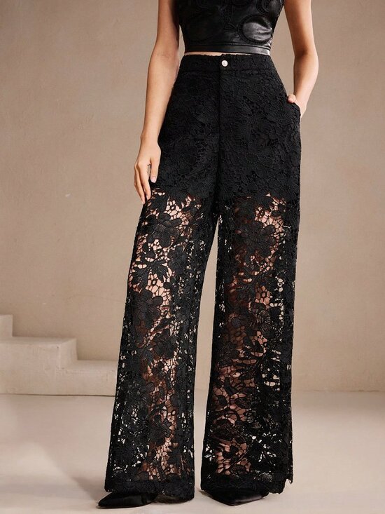 Pants - Black Elegant Women's Floral Lace Hollow-Out Pants